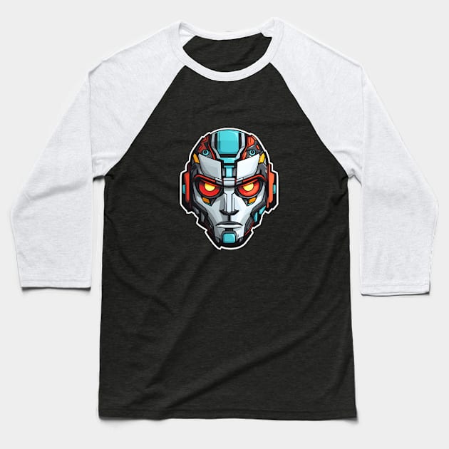 Stylized Robotic Head with Glaring Red Eyes Baseball T-Shirt by AIHRGDesign